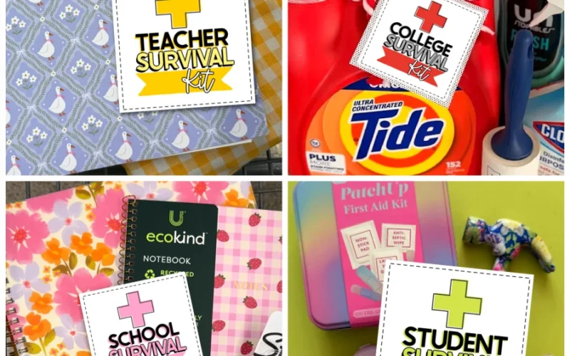 Collage of colorful printable survival kit gift tag designs for students and teachers