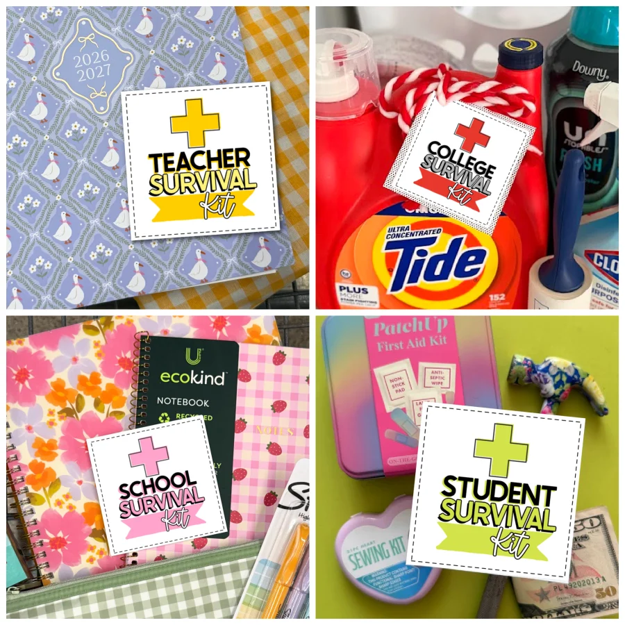 Collage of colorful printable survival kit gift tag designs for students and teachers