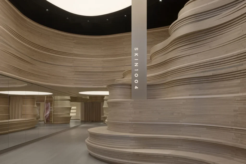 Layered wood interiors of the SKIN1004 SoHo flagship opening