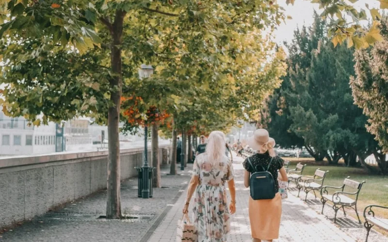 Two friends strolling together down a tree-lined city street