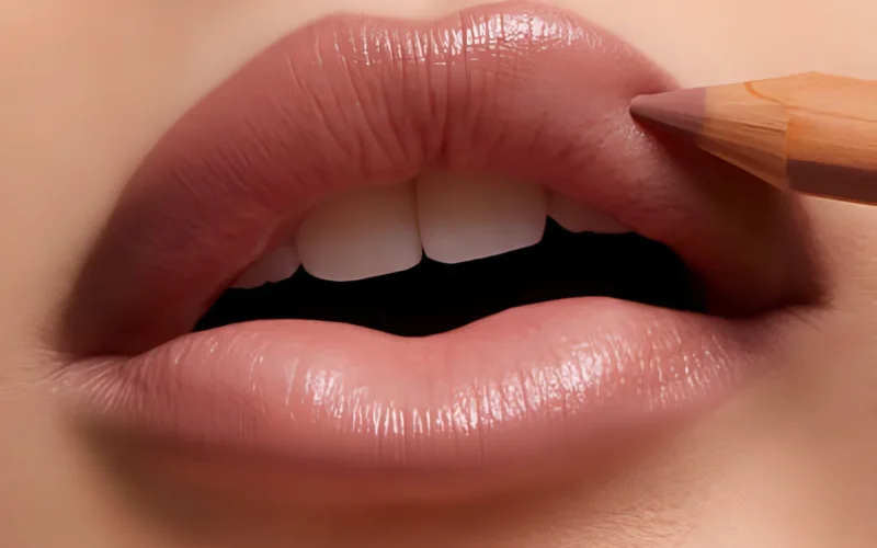 Glossy pink lips with lip liner pencil close-up
