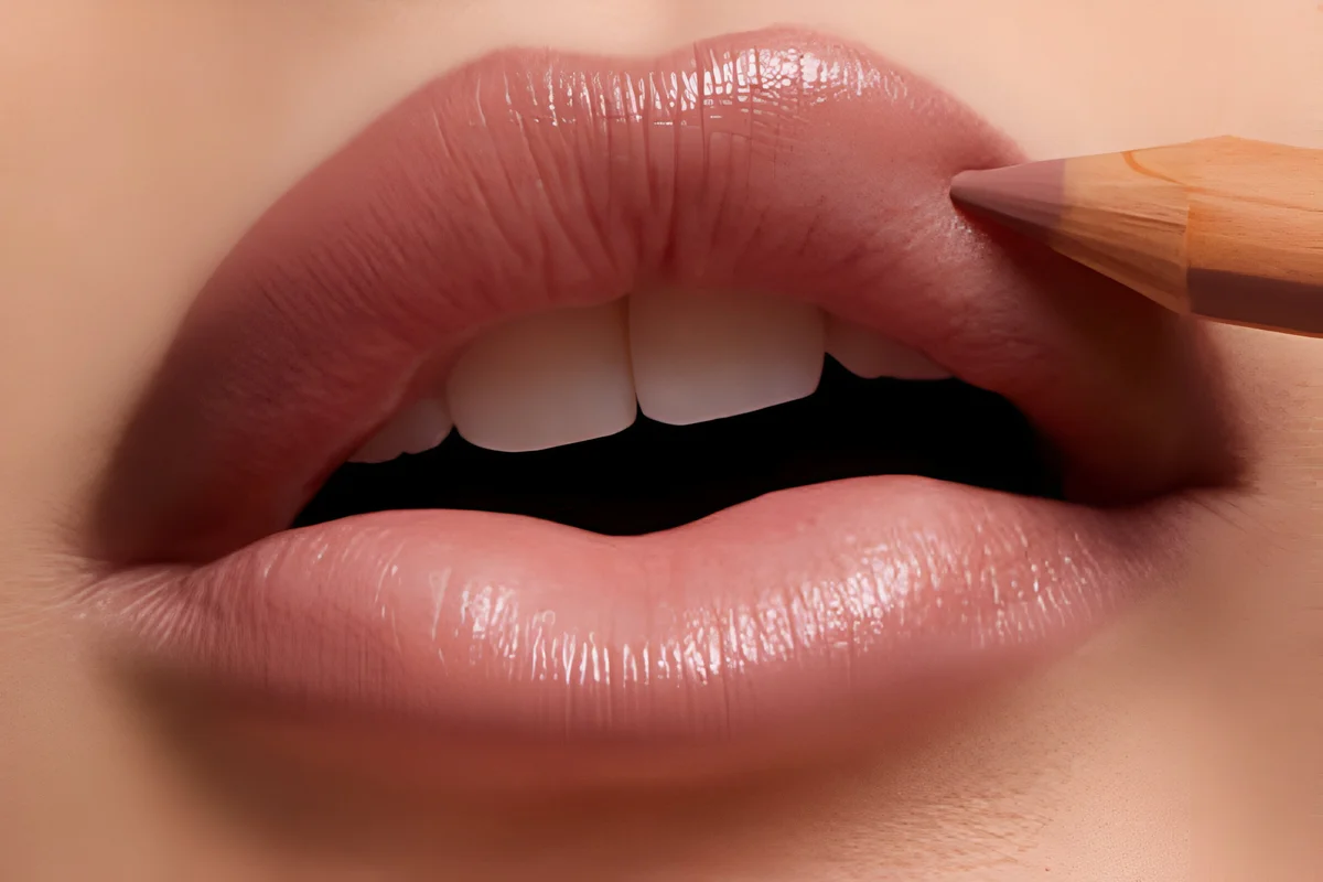 Glossy pink lips with lip liner pencil close-up