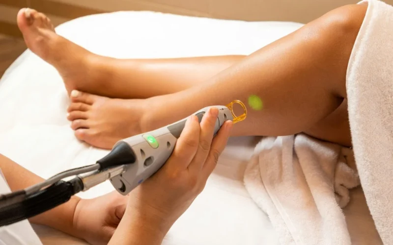 Laser hair removal treatment on a leg with green laser light