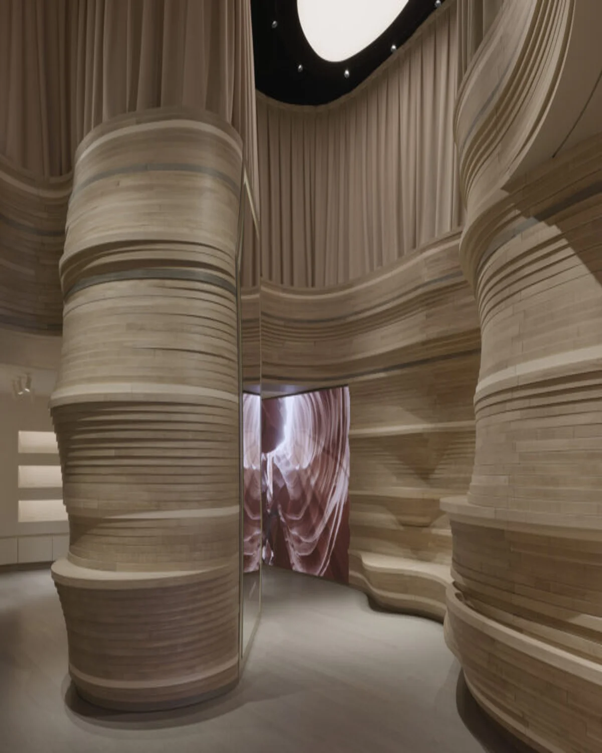 Interior of the continuous timber nature wall seating area