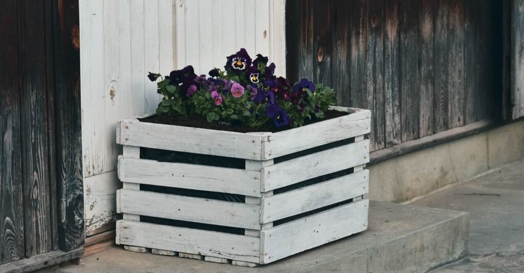 Flowers arranged in small wooden crates for a cozy seasonal display