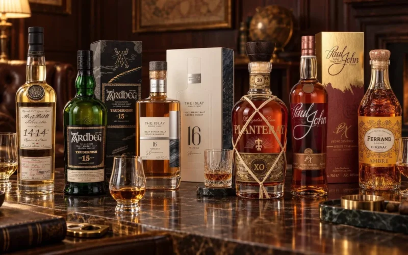 Premium spirit bottles and tasting glasses arranged on a marble table