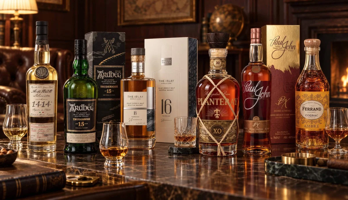 Premium spirit bottles and tasting glasses arranged on a marble table