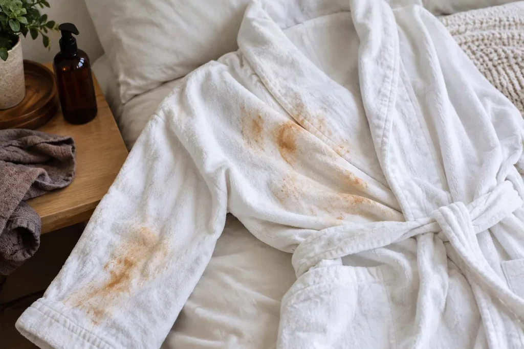 White bathrobe with brown self-tanner stains lying on a bed