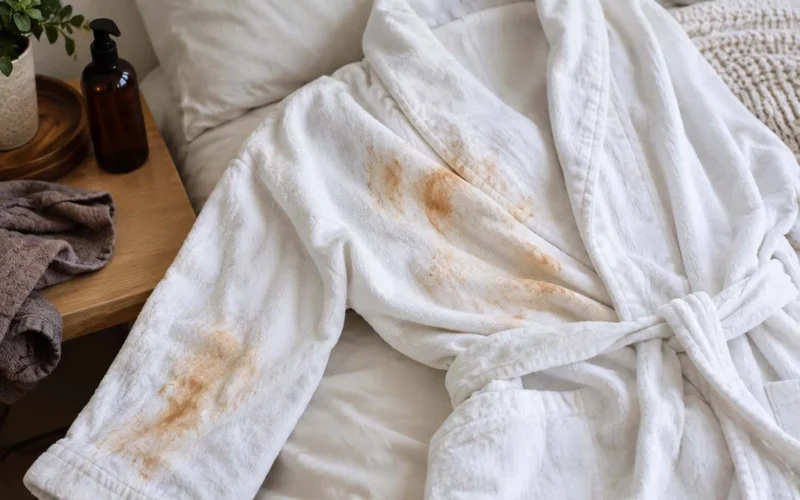 White bathrobe with brown self-tanner stains lying on a bed