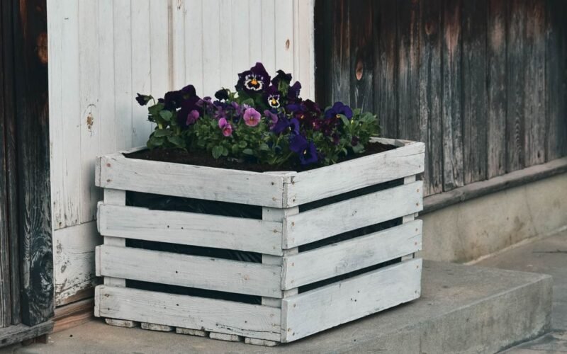 Flowers arranged in small wooden crates for a cozy seasonal display
