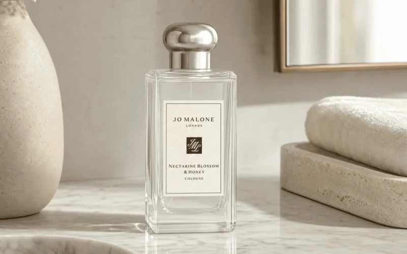 Jo Malone Nectarine Blossom and Honey perfume bottle on a marble counter