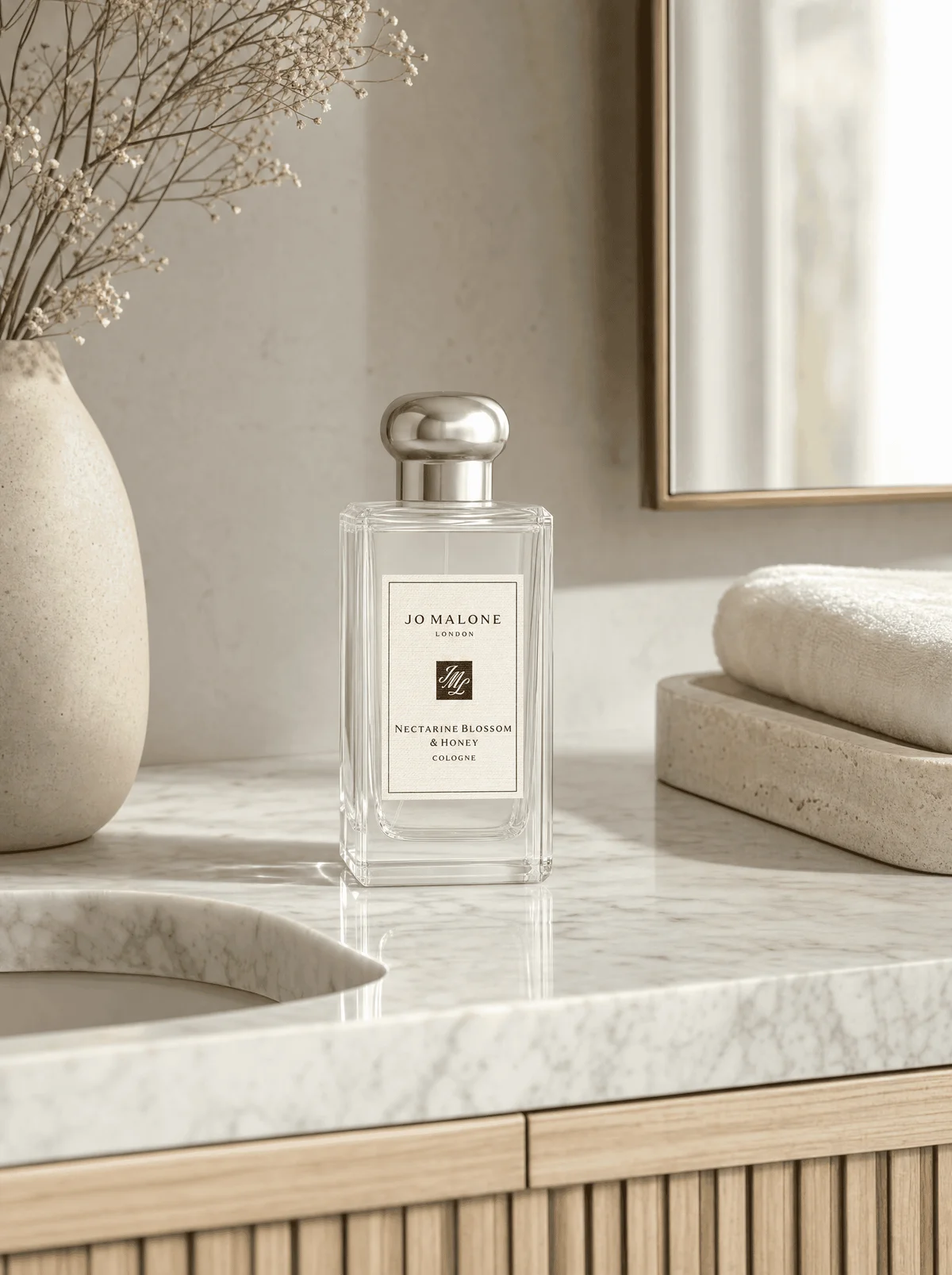 Jo Malone Nectarine Blossom and Honey perfume bottle on a marble counter