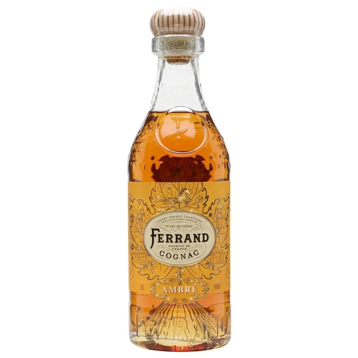 Ferrand Ambré cognac bottle with golden label and amber liquid