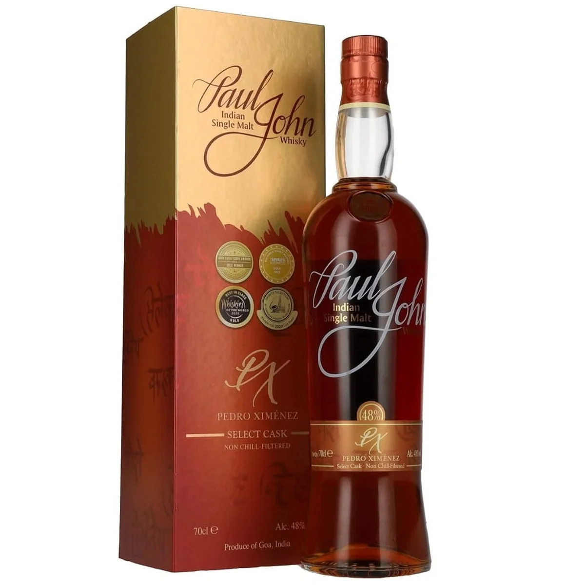 Paul John Pedro Ximénez Select Cask single malt whisky bottle and box