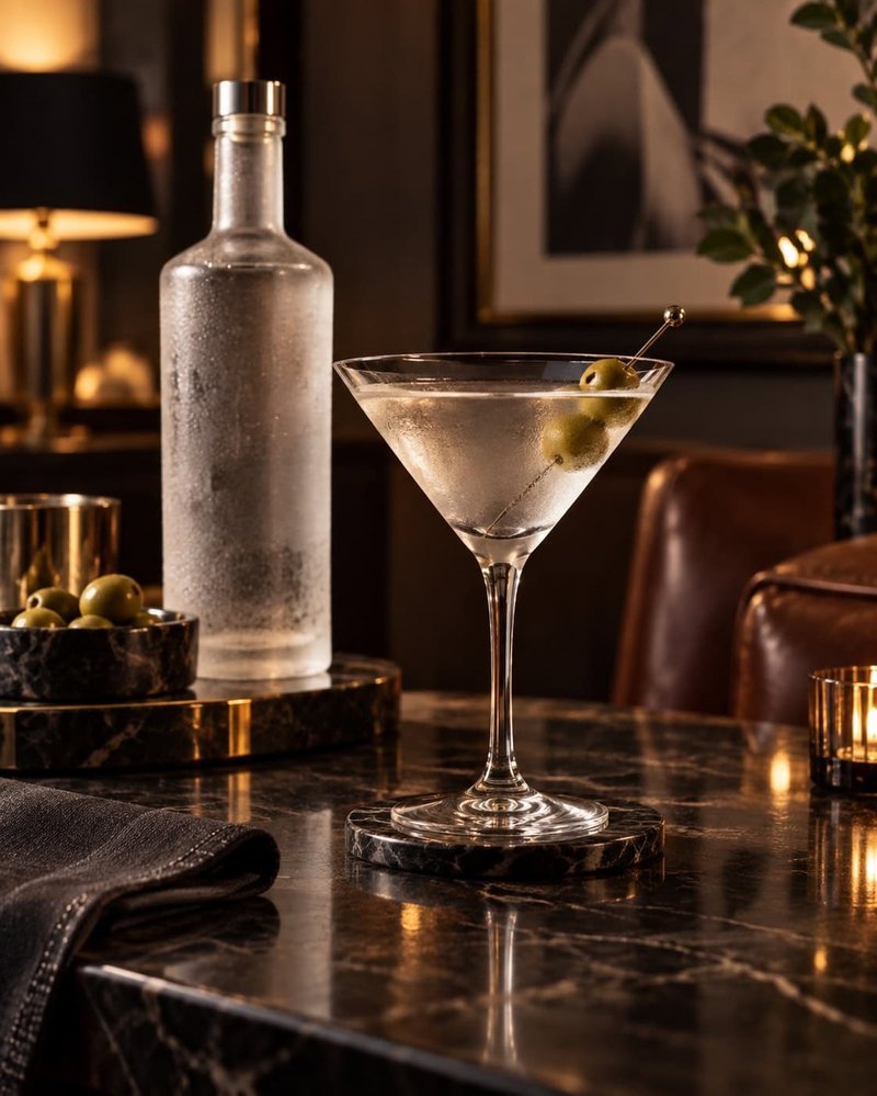 Martini cocktail with olives on a marble bar counter