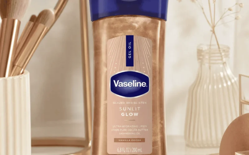 Vaseline Glazed and Glisten shimmer body oil bottle on a vanity