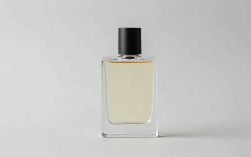 Creamy vanilla perfume bottle with matte black cap on neutral background
