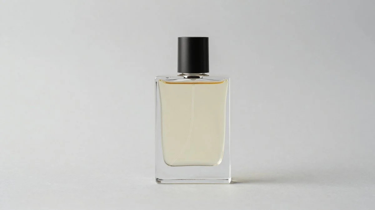 Creamy vanilla perfume bottle with matte black cap on neutral background