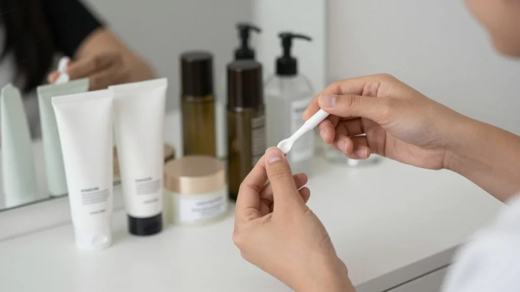 Hands applying a glow skincare mist at an airport gate
