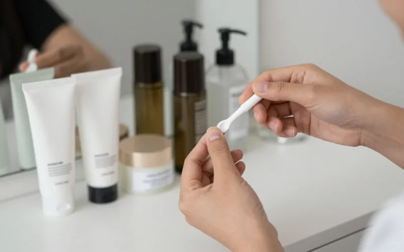 Hands applying a glow skincare mist at an airport gate