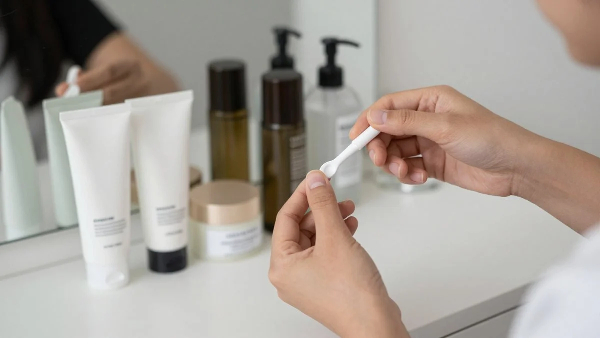 Hands applying a glow skincare mist at an airport gate