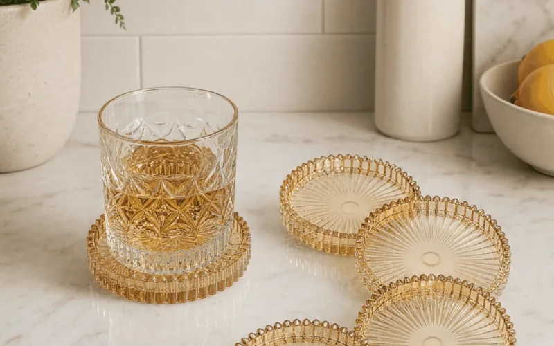 Amber glass coasters on a marble kitchen counter with a crystal tumbler