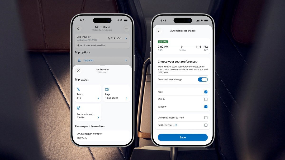 Smartphone screen showing American Airlines app seat selection